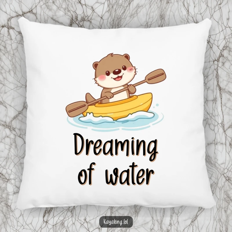 Funny pillow showcasing a cheerful otter gleefully kayaking with a splash, adding a cute and cozy element to any room.