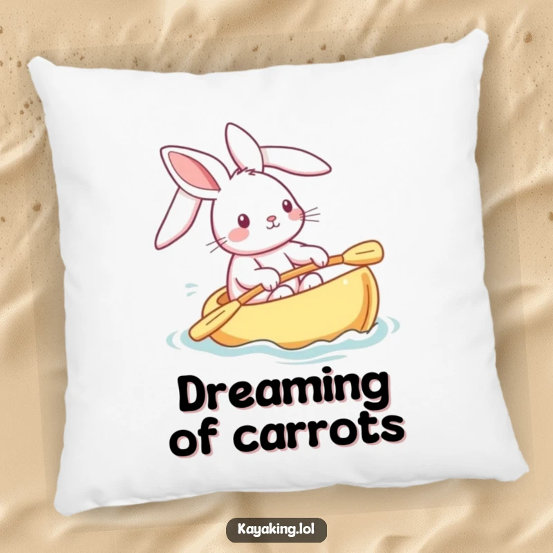 Funny bunny pillow depicting a playful rabbit steering a kayak, ears streaming, offering comfort and a dose of adorable charm.