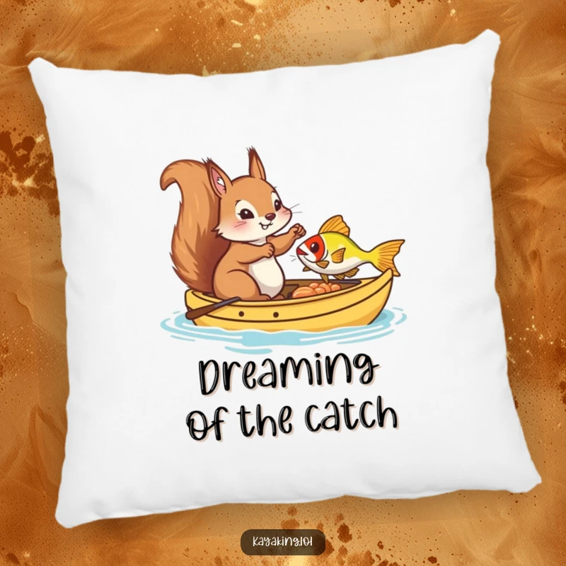 Funny Pillow, a squirrel in a kayak attempting to catch a fish, offering humorous comfort and charming room décor.