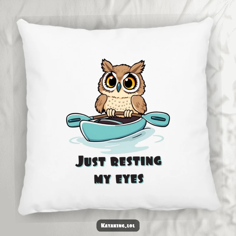 Funny owl pillow designed with a startled bird in a kayak, its wide eyes and unbalanced boat creating a humorous and endearing decorative accent.