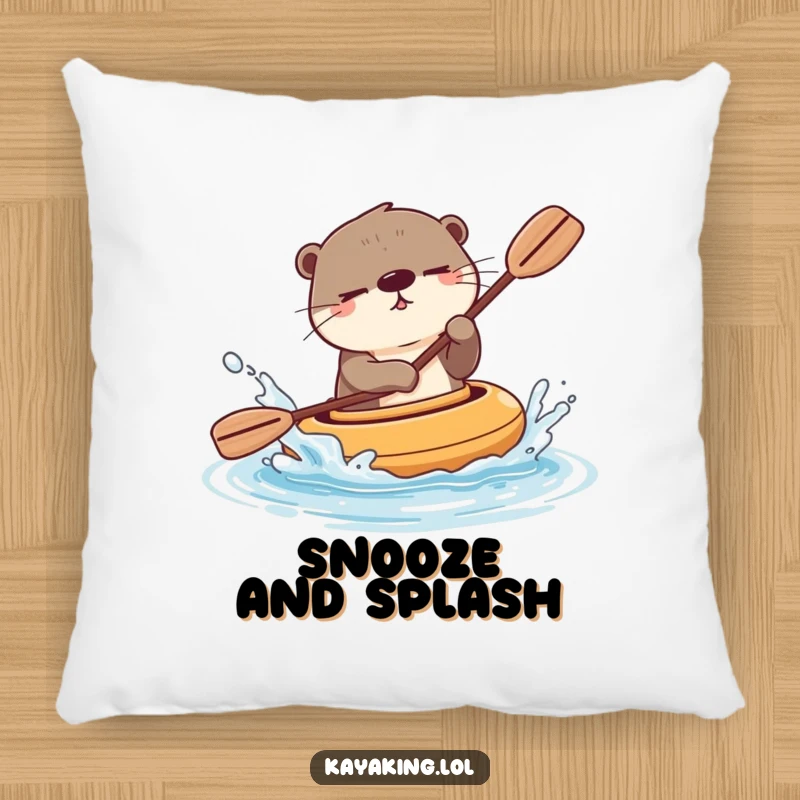 Funny winking otter splashing water playfully from its kayak, bringing a cozy and cheerful vibe. This pillow is a soft splash of fun.