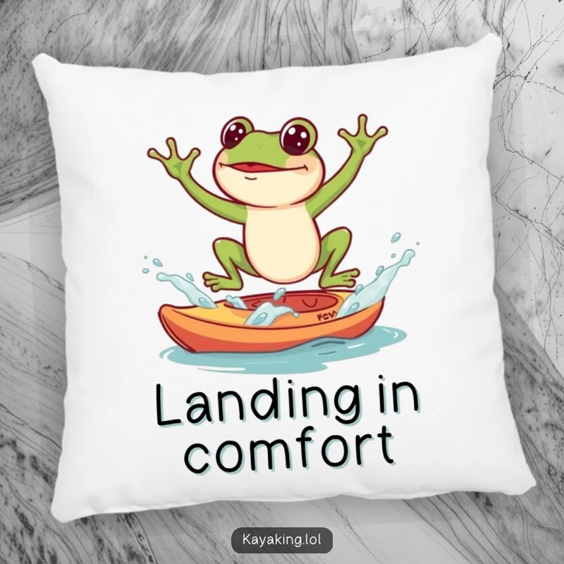 Funny Pillow, a frog splashing into a kayak, offering humorous comfort and charming room décor.