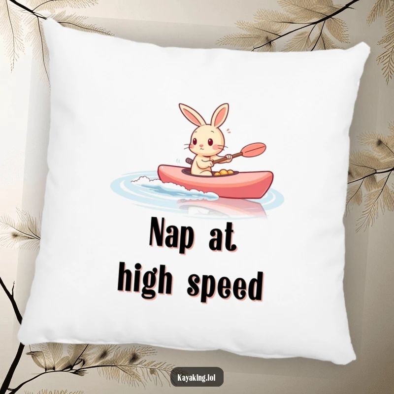 Funny rabbit kayaking fast on calm water, printed on a soft pillow for comfort and a touch of humor.