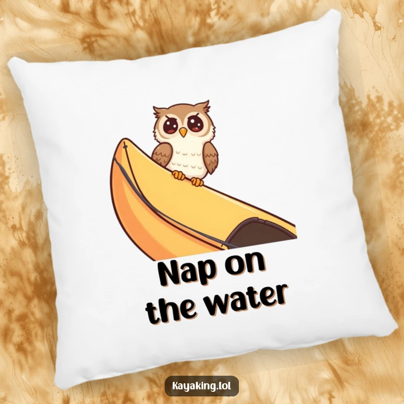 Funny giggling owl peeking over a kayak edge, bringing cozy amusement to any room. This pillow is a soft chuckle.