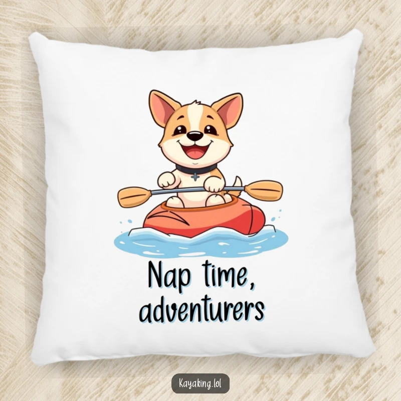 Funny happy dog kayaking pillow features a blissfully smiling dog actively paddling a kayak, adding cozy humor to any space.
