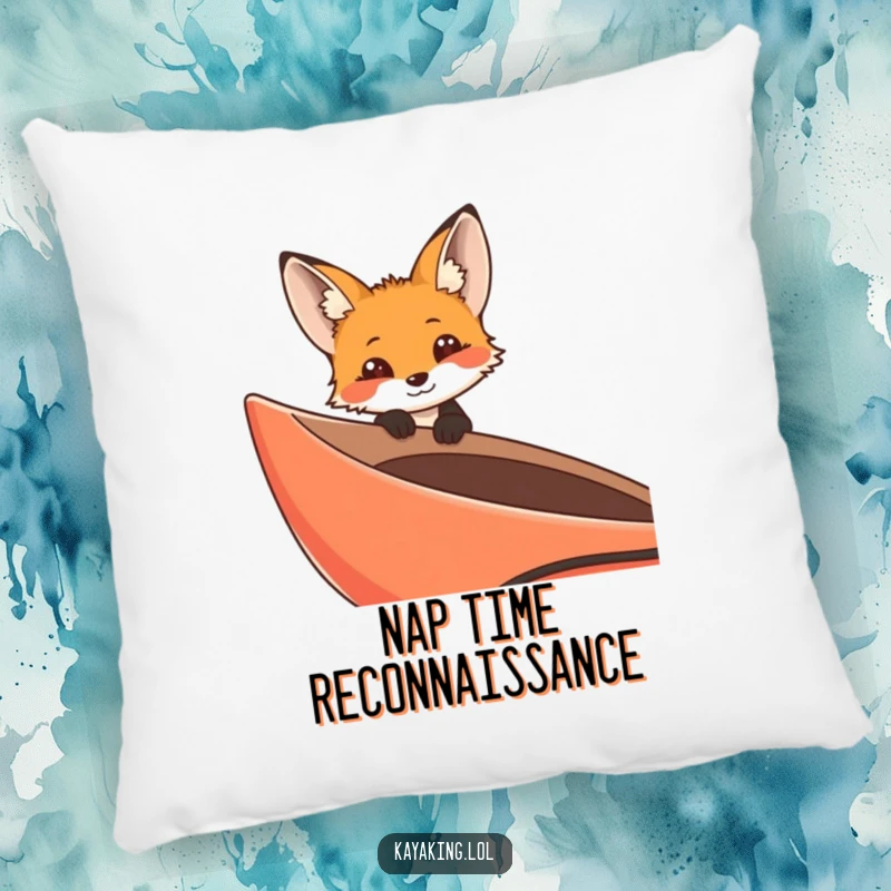 Funny curious fox peering over the edge of a kayak on a pillow, a cozy and adventurous decorative accent.