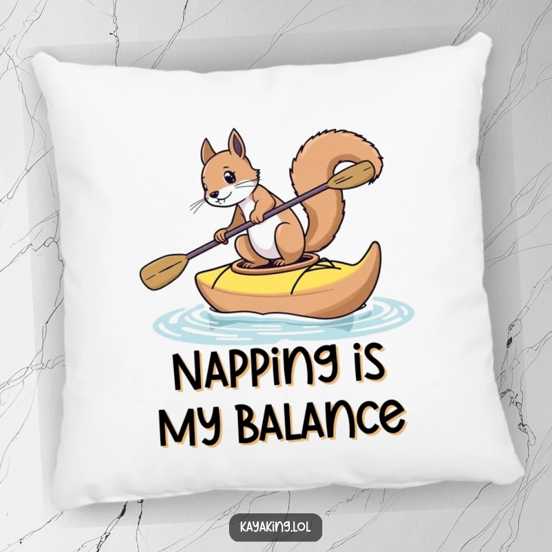 Funny squirrel pillow depicting a squirrel attempting to balance in a kayak, offering comfort and a dose of hilarious adventure.
