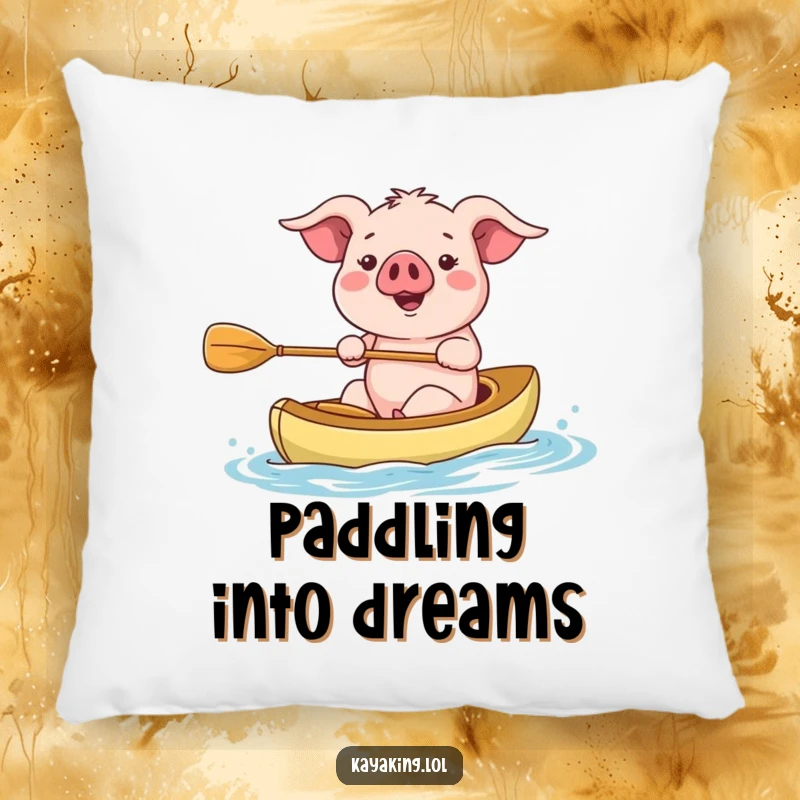 Funny kayaking pig throw pillow, happily paddling a kayak. Soft, cozy, and amusing decor.