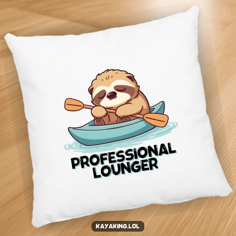 Funny sloth napping in a kayak, paddle nearby, printed on a soft pillow for ultimate comfort.