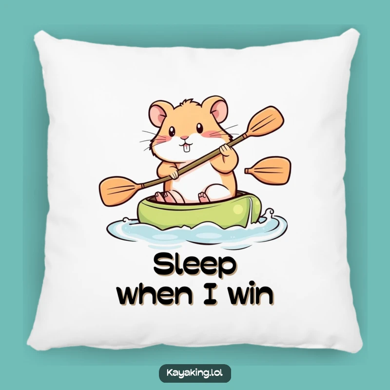Funny Determined Hamster Kayak Pillow: Cozy Motivational Cushion, Perfect Gift
