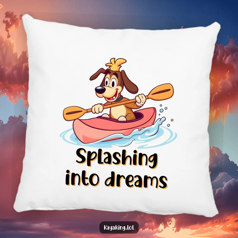 Funny Pillow featuring a goofy dog splashing water with a paddle in a kayak, adding soft, humorous charm.