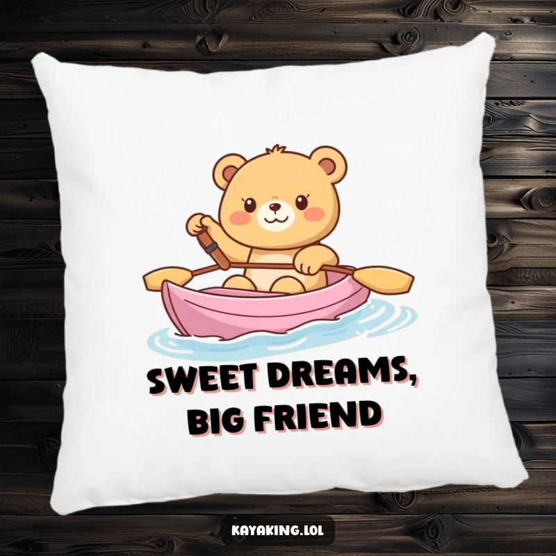 Funny Pillow, a happy bear waving from a kayak, offering humorous comfort and cheerful decor.
