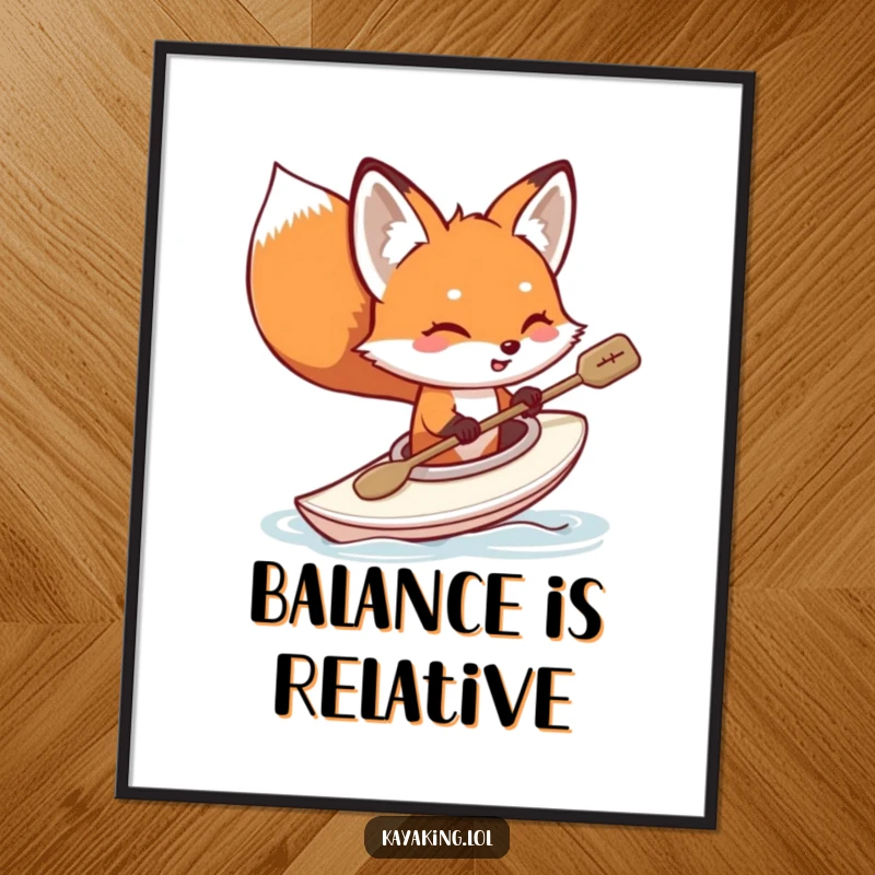 Funny fox kayaking digital art print, a happy red fox tipping its kayak, water splashes, printable wall art with humor.