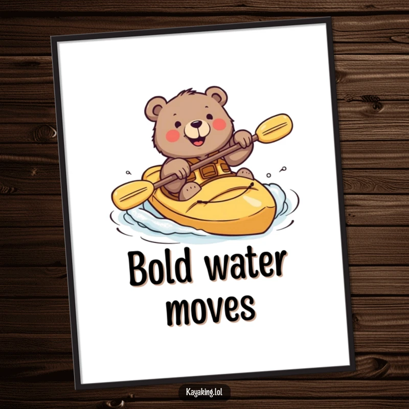 Funny digital art of a brave bear smiling while attempting a kayak roll, bringing bold determination and humor to any room.