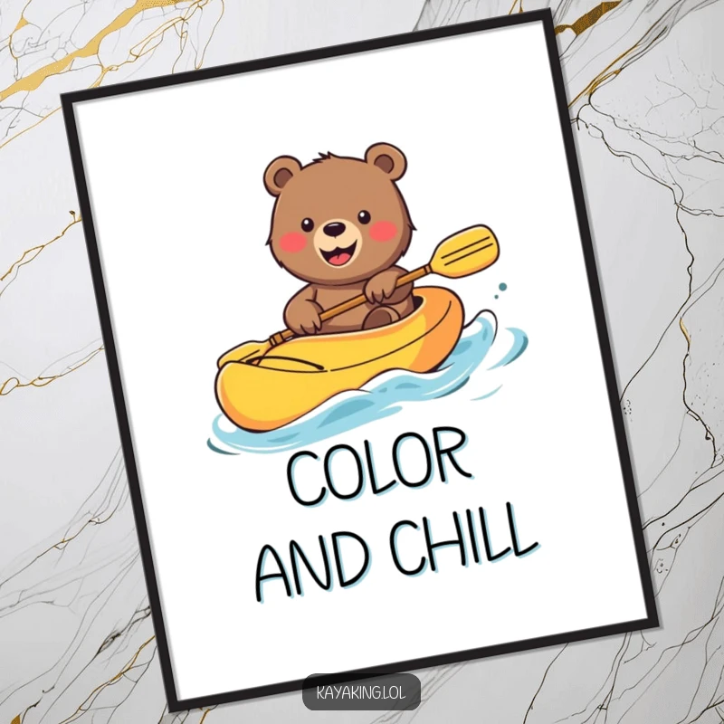 Funny Bear Digital Art: Smiling bear waving from a colorful kayak, a cheerful and humorous piece of art for instant decor.