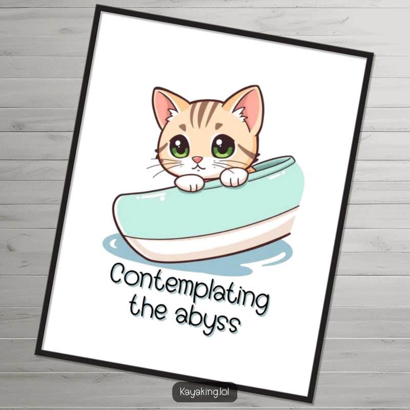 Funny curious cat peeking over a kayak's side, a digital illustration ready for instant download and printing.