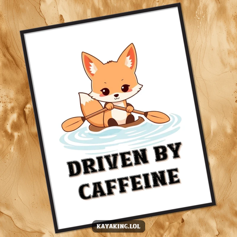 Funny fox digital art print of a determined animal paddling a kayak, energetic and focused, perfect for instant wall decor.