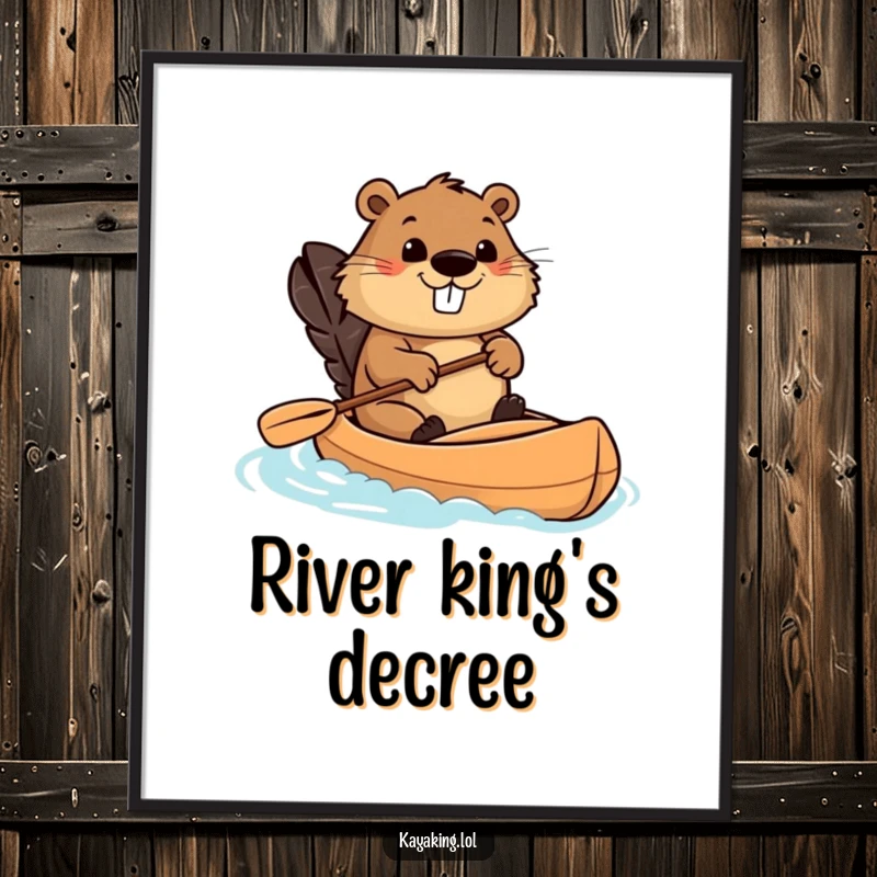 Funny beaver kayaking digital art print of a determined beaver steering a kayak, downloadable and printable for humorous home or office decor.