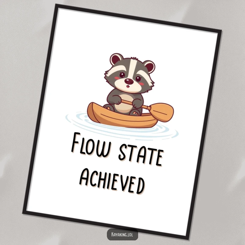 Funny badger digital art print of a brave animal paddling a kayak, serene and determined, perfect for instant wall decor.