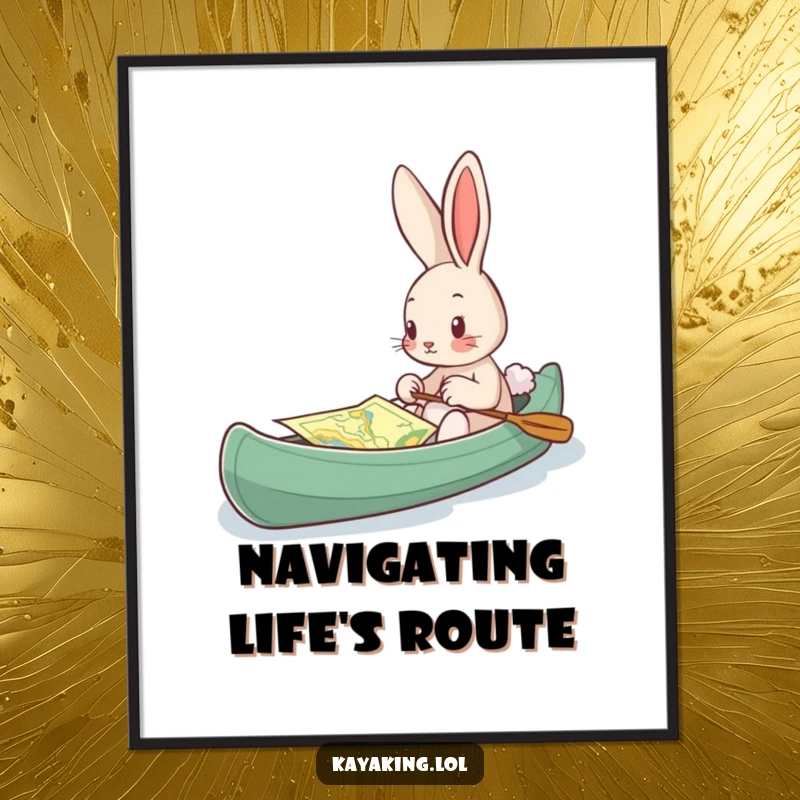 Funny Digital Art Print, a bunny using a map in a kayak, curious and adventurous wall art.