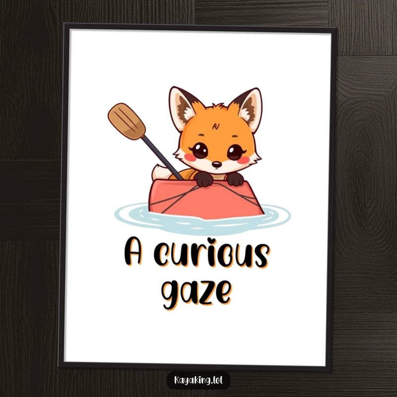 Funny digital art of a curious fox peeking over the side of a kayak, bringing mystery and charm to any room.