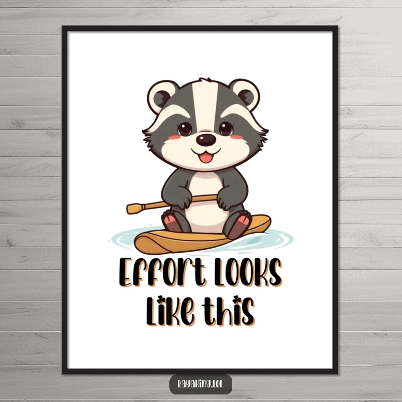 Funny determined badger digital art print, a badger paddling intensely, motivational wall art, printable with humorous appeal.