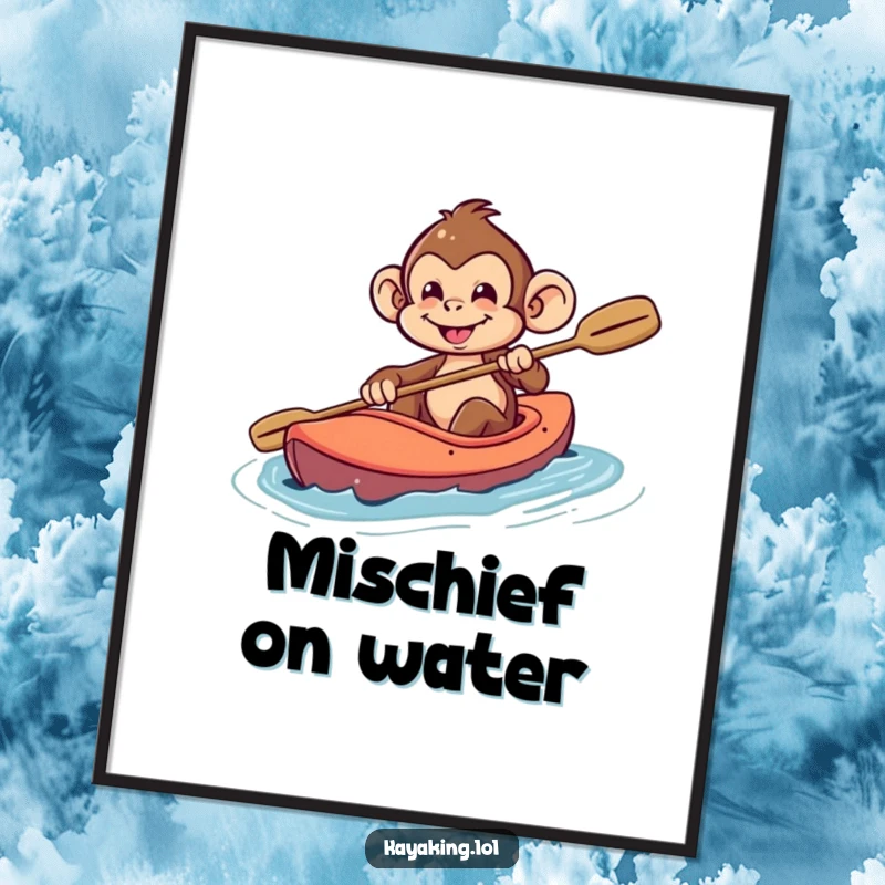 Funny Monkey Digital Art: Playful monkey with a mischievous grin steering a kayak, perfect for adventurous wall art.