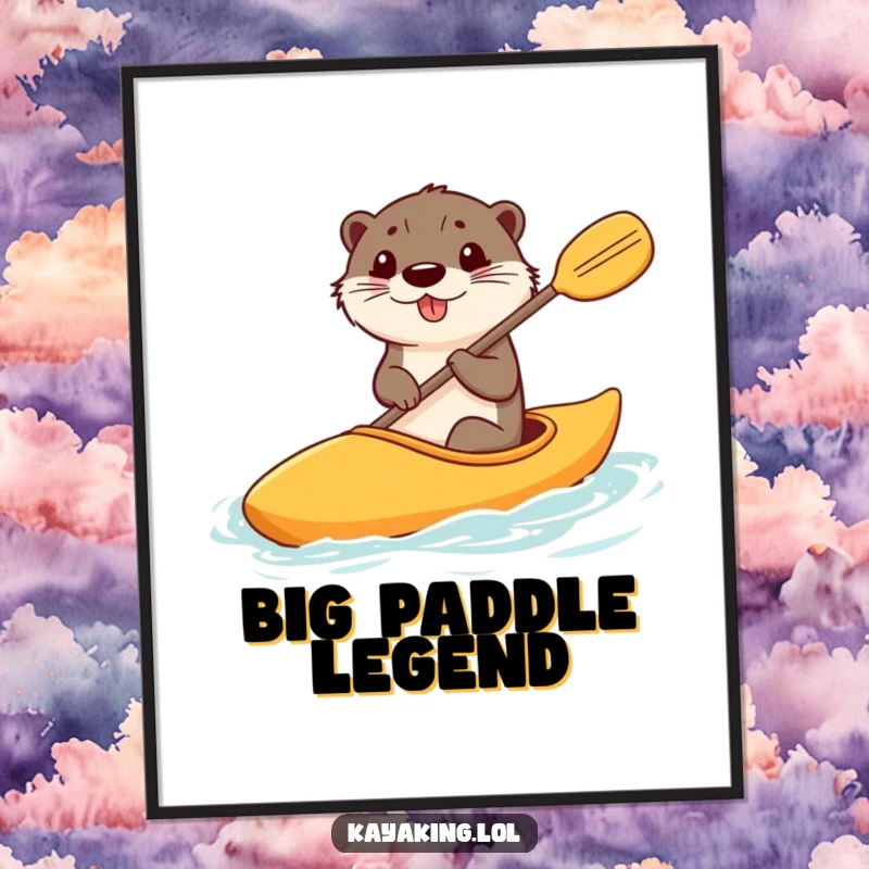 Funny digital art print of a happy otter steering a kayak with a comically large paddle, for humorous wall decor.