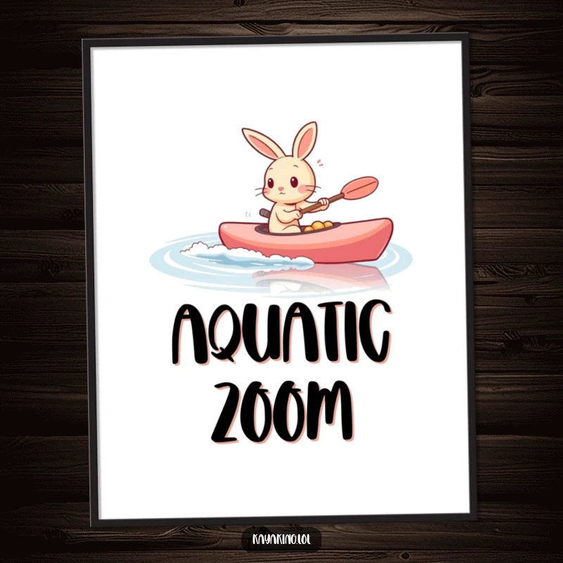 Funny rabbit zooming in a kayak on calm water, available as an energetic digital art print download.