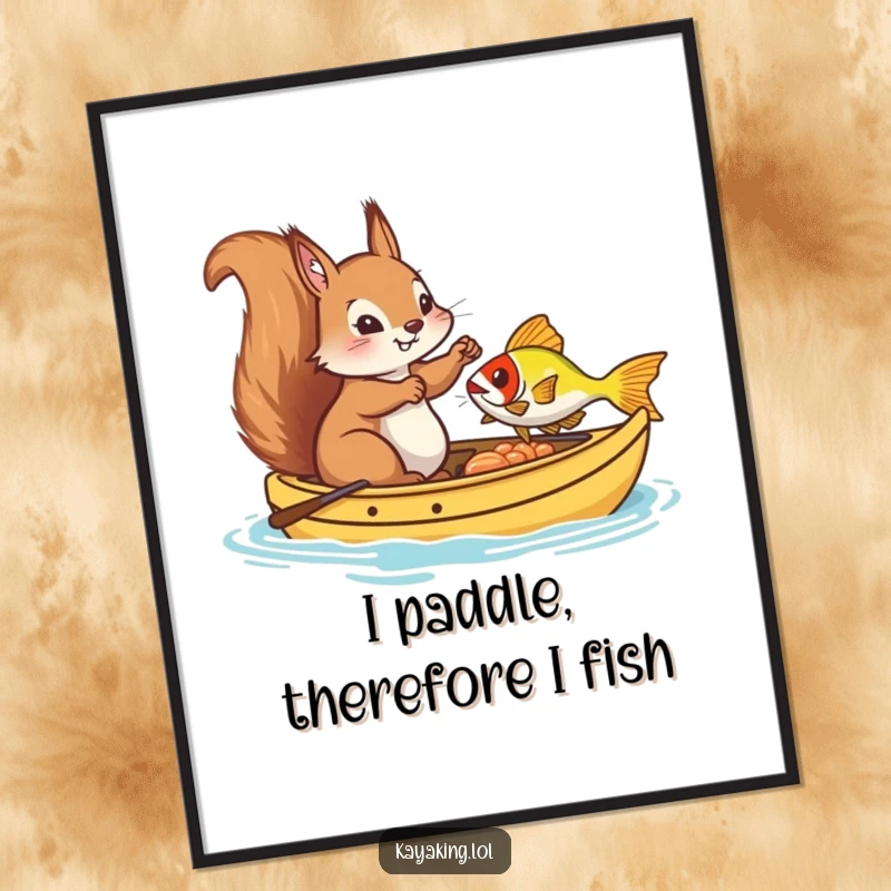 Funny Digital Art Print, a squirrel in a kayak fishing, a humorous and downloadable piece for art collectors.