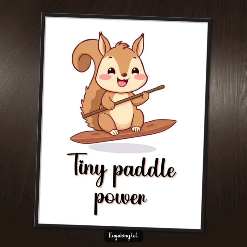 Funny squirrel paddling digital art print, a cute squirrel with a tiny paddle, printable wall art with a cheerful design.