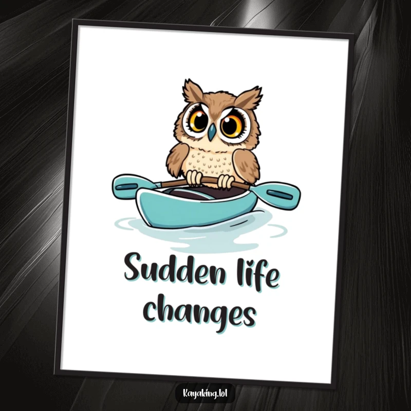 Funny owl digital art print of a startled bird in a kayak, its wide eyes and unbalanced boat creating a humorous, instantly downloadable wall art.