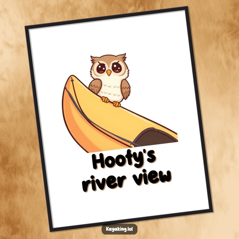 Funny giggling owl peeking over a kayak edge, rendered in vibrant digital art for immediate amusement. This print is pure digital delight.