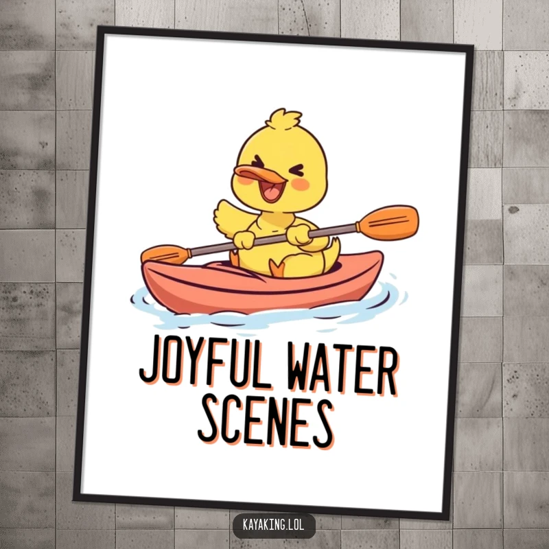 Funny digital art of a gleeful duck paddling a kayak, bringing vibrant joy and humor to any room.