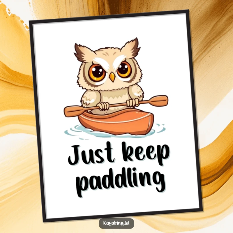Funny Startled Owl Kayak Digital Art Print: Comical owl in a kayak, instant humorous artwork download.