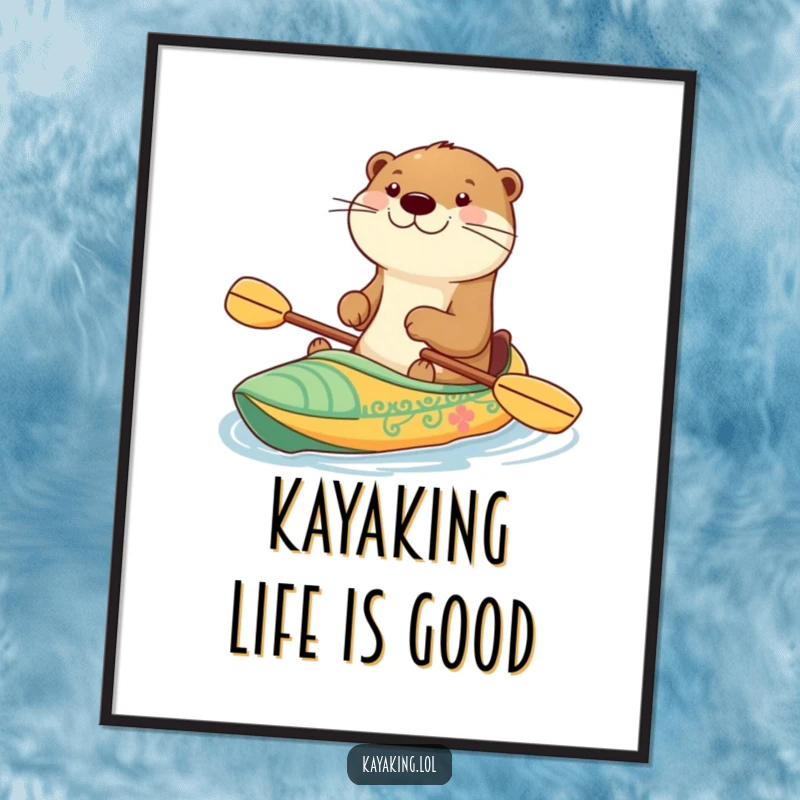 Funny digital art print of a happy otter with a grin paddling a decorated kayak, bringing vibrant energy and humor to any decor.