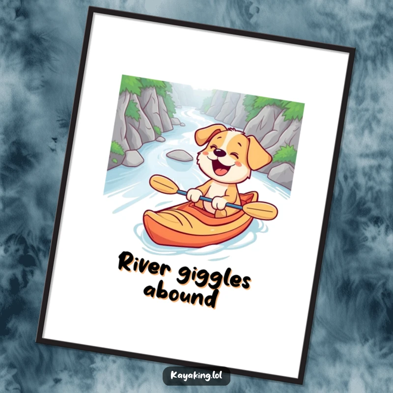 Funny digital art print of a surprised puppy giggling while kayaking down a winding river, creating a lively and humorous wall decor piece.