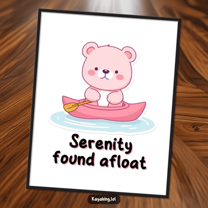 Funny pink bear digital art print of a bear floating serenely in a kayak, embodying peaceful relaxation and lighthearted humor, a delightful artwork.