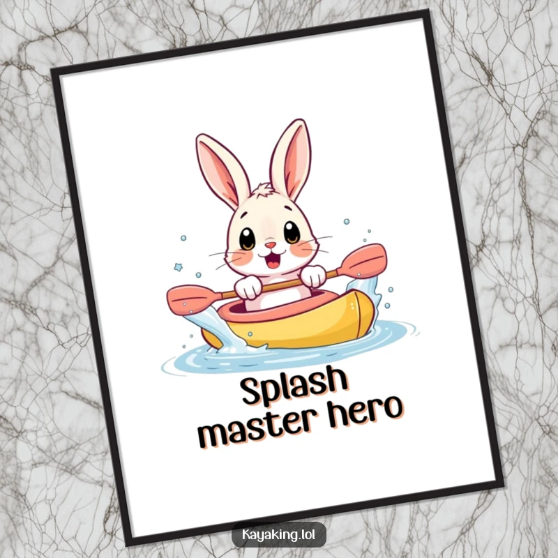 Funny digital art print of a surprised bunny splashing water from a kayak with its paws, for humorous wall decor.