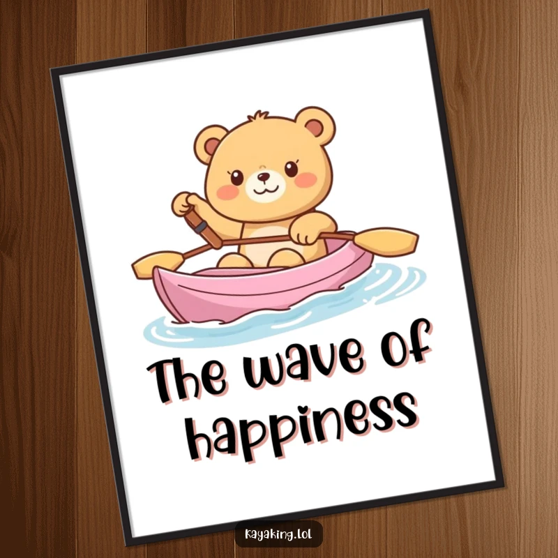 Funny Digital Art Print, a happy bear waving from a kayak, cheerful and heartwarming wall art.