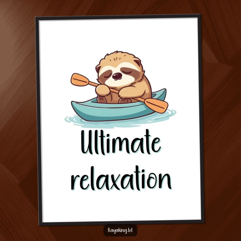 Funny sloth napping in a kayak with paddle, available as a calming digital art print download.