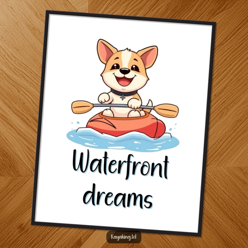 Funny happy dog kayaking digital art print shows a beaming dog paddling a kayak, a humorous piece of downloadable art.