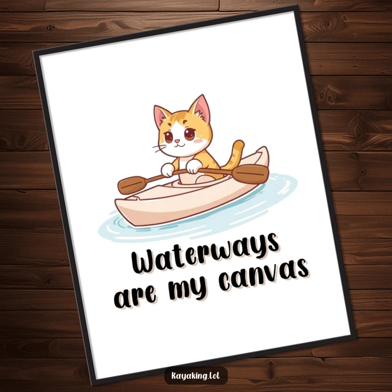 Funny Cat Digital Art: Curious cat peacefully kayaking on calm water, a humorous and aesthetically pleasing print.