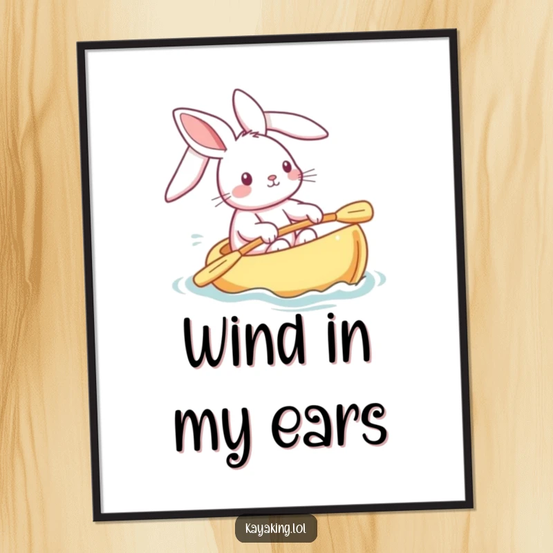 Funny bunny digital art print of a playful rabbit steering a kayak, ears streaming, creating adorable and instantly printable wall decor.