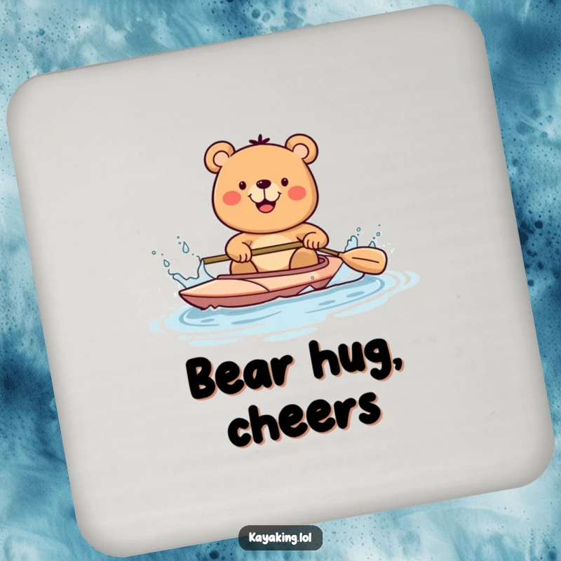 Funny bear kayaking and splashing water with a paddle, featured on a drink coaster, adding a humorous and protective touch.