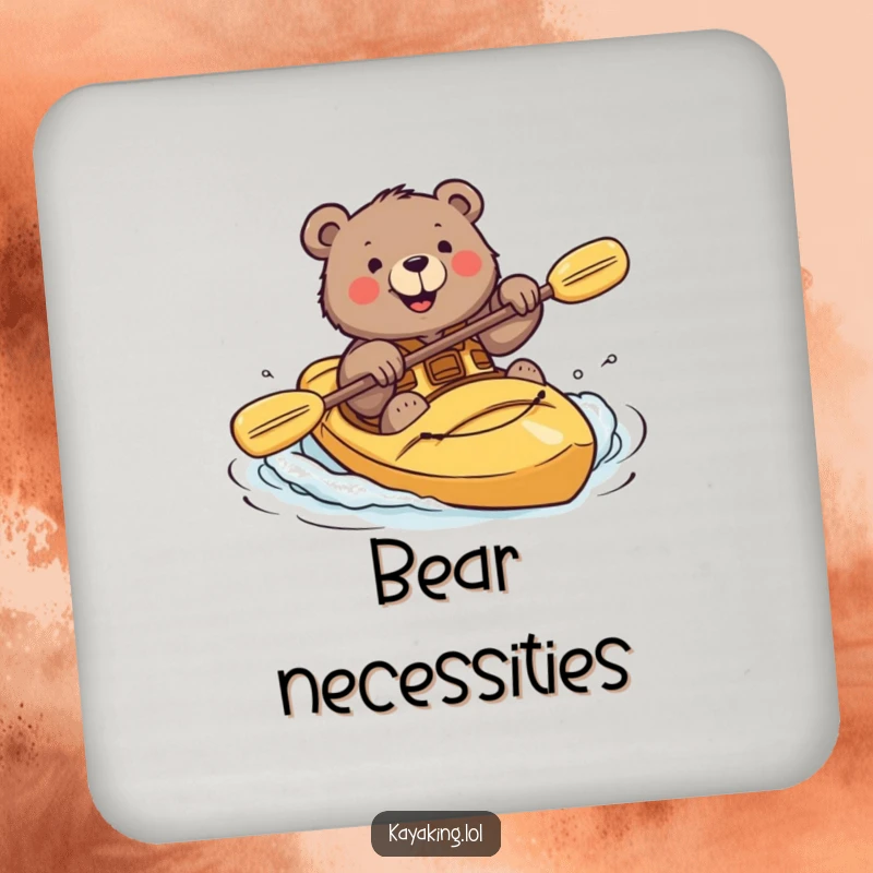 Funny drink coasters showing a brave bear smiling while attempting a kayak roll, adding daring humor to any surface.