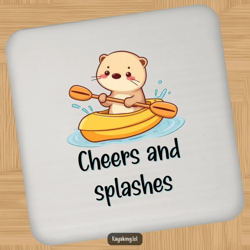 Funny drink coasters showing a playful otter splashing water from a kayak, adding fun to any surface.