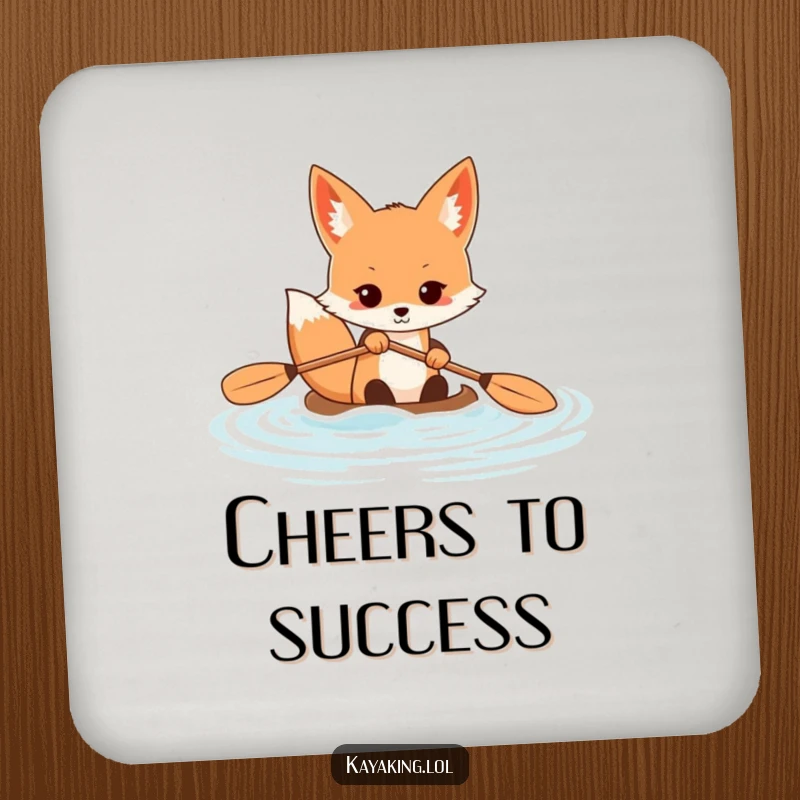 Funny fox drink coaster featuring a determined animal paddling a kayak, a humorous and protective addition to any surface.