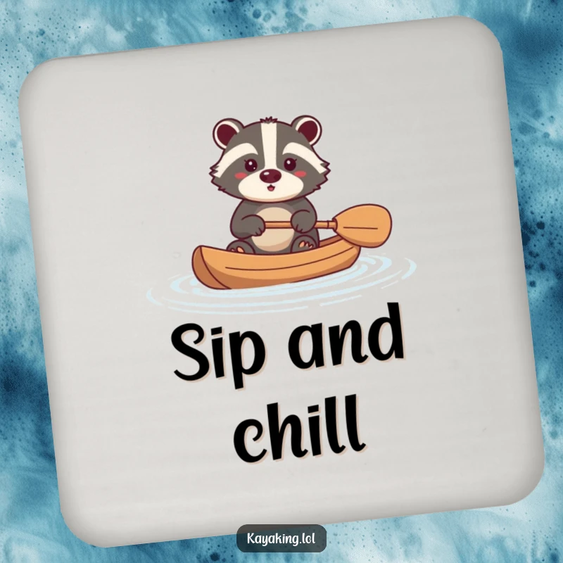 Funny badger drink coaster showing a brave animal paddling a kayak, a humorous and protective addition to any surface.