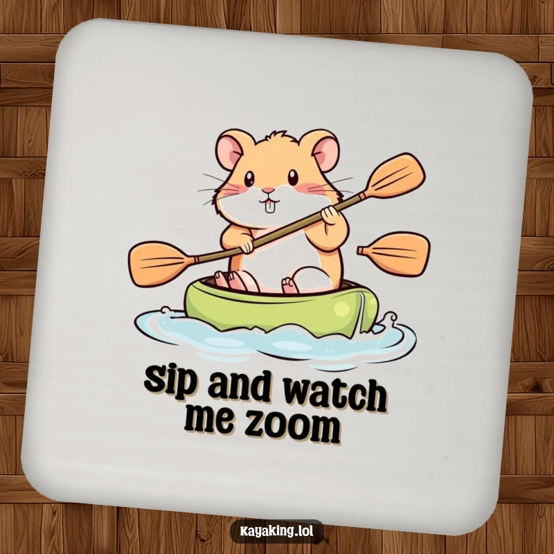 Funny Coaster, a hamster paddling a kayak with determination, a humorous and motivational accessory.